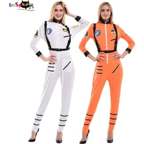 Eraspooky Sexy Pilot Uniform White Orange Astronaut Cosplay Spaceman Jumpsuit Halloween Costume for Women Party Fancy Dress