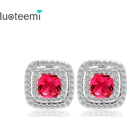 LUOTEEMI Four Color Options Tiny CZ Micro Setting Square Main Stone Stud Earrings for Women AAA Cubic Zircon Jewelry Wholesale