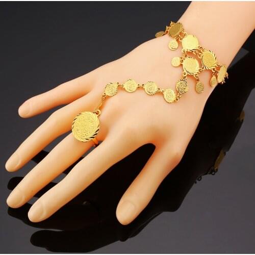 Arab Middle East 2021 wedding gift copper gold-plated coins for women bracelet ring chain Islamic Muslim dress bracelet