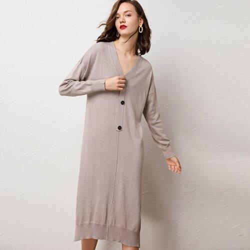 SZDYQH Women Autumn Winter Sweater Knitted Dresses Women Fashion V-neck Long Sweater Dress Ladies Warm Split Sweater Dress