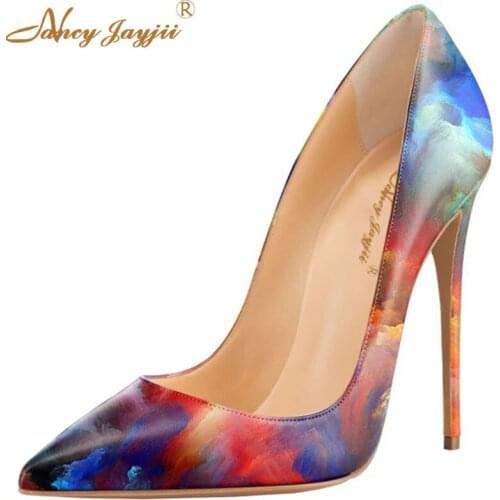 Floral Oil Paint Womens Sexy High Thin Heels Shoes Pointed Toe Pumps Ladies Party Evening Fashion Spring Shoes Sapato Feminino