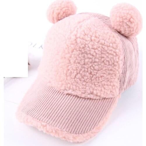 Corduroy Poly Fleece Kids Pompom Baseball Hat 2-8years Boys Girls Winter Cap Pink Grey Black Brown