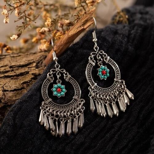 Vintage ethnic indian gold silver color metal tassel flowers geometric dangle hanging drop wedding earrings for women jewelry