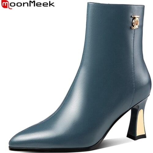 MoonMeek Cowhide Shoes Big Size High Heels Ankle Boots Zipper Leisure Female Boots Winter Hand Made High Quality Fashion Boots