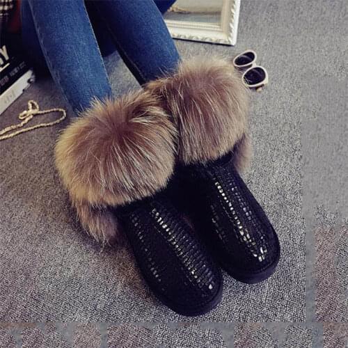 Top Fashion Women Boots Natural Big Fox Fur Snow Boots 100% Genuine Cow Leather Winter Boots Female Non-slip Rubber Soles Shoes