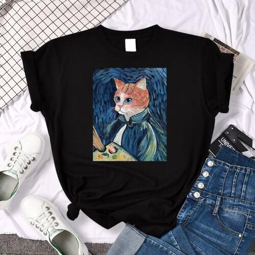Van Gogh Cat self-portrait Printed Women Tshirts Summer Fashion T-Shirts Street O-Neck clothes Loose big Size T-Shirt Female