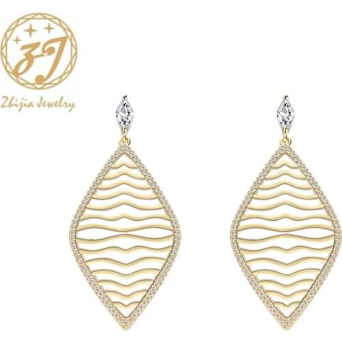 Zhijia golden silver geometric stud earrings for women rhinestone crystal hollow design simple earrings jewelry accessories