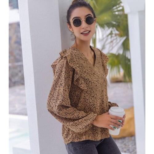 Womens Casual Tops Ruffle V Neck Leopard Comfort Tunic Loose Fitting Long Sleeves Shirts Top Polyester Plus Size Cute Blouse