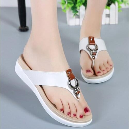 Koovan Womens Sandals 2018 New Summer Fashion Slippers Flat Real Leather Sandals Students Clip Flip-flops Girls Sandals Metal