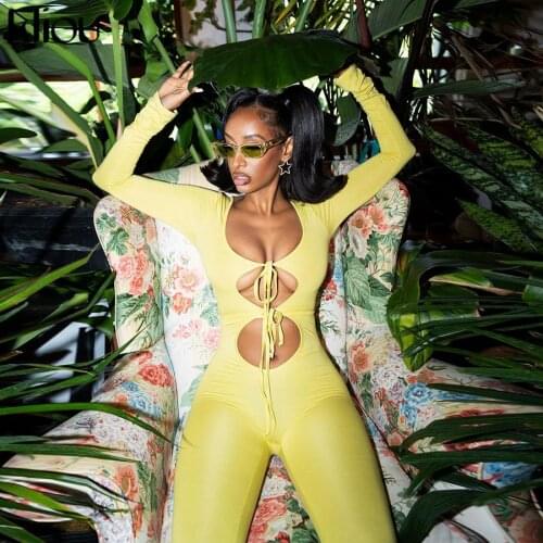 Kliou Bandage Jumpsuit For Women Solid Hollow Out Sexy Cleavage Midnight One Piece Overall Long Sleeve Body-Shaping Clubwear