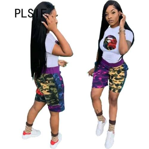 Women O Neck 2 Pieces Camouflage Print Tracksuit Summer Short Sleeve 2 Pieces Clothes Set Lady Suit