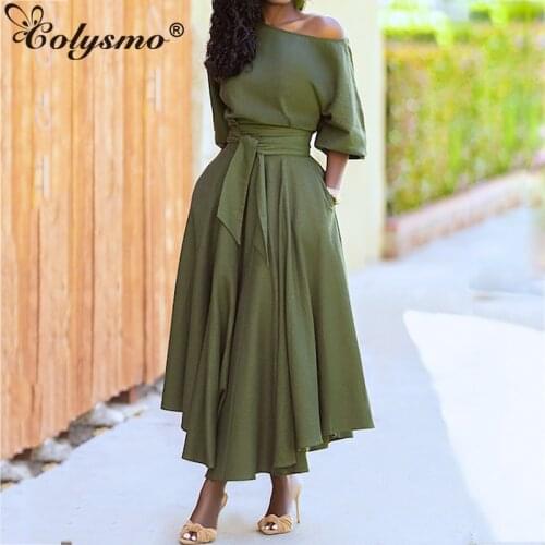 Colysmo Asymmetrical Maxi Dress with Belt Short Sleeve Diagonal Collar ALine Casual Dresses Female Robe Women Autumn Black Dress