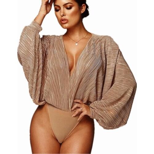 Women Deep V-Neck Patchwork Sexy Bodysuit Fashion Long Sleeve Loose Women Rompers Autumn Casual Bodysuit Jumpsuit 2019