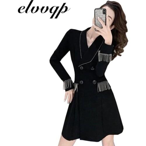 New Solid Beading Tassel Women Blazer Dress Elegant Sash Double Breasted Office Ladies Trench Dress Notched Party Dress Vestidos