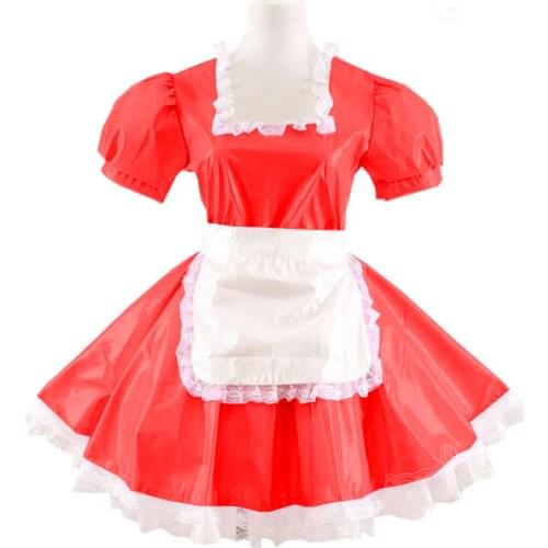 Women French Maid Dress Square Neck Lace with Apron Sissy Lolita Dresses Cosplay Costume PVC Short Sleeve A-line Pleated Vestido