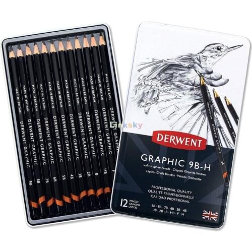 Estojo Lata 12 Lapis Graduado Derwent Graphic 9b - H,(34215),Derwent Drawing Pencils School Supplies, Soft, Gray, 12 Count