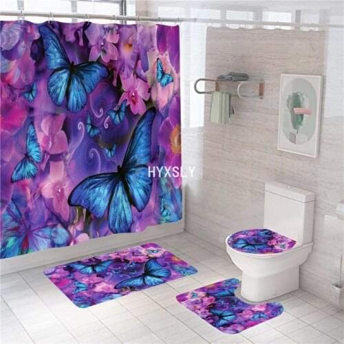 Purple Butterfly and Flowers 3D Print Shower Curtain 3pcs/4pcs Set Waterproof Polyester Bathroom Decor Hanging Screen Floor Mat