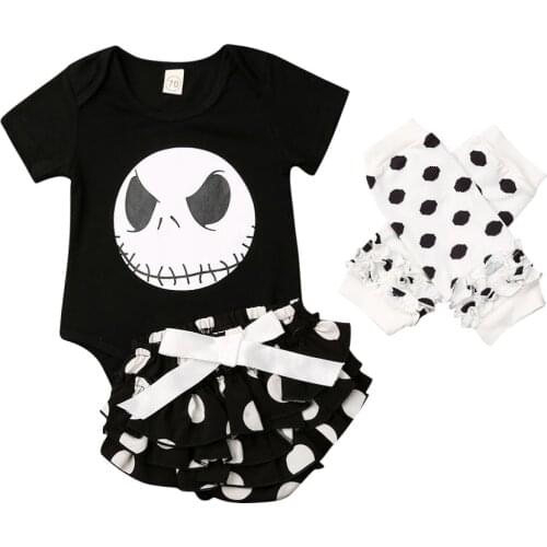 Newborn Infant Baby Girl Halloween Clothes Sets 3PCS Short Sleeve Romper Ruffle Shorts Pants+Leg Warmers