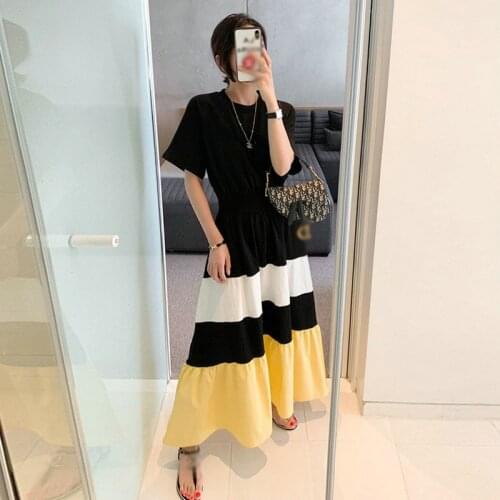 One-Piece Korean Fashion Dresses Female 2021 New Summer Elegant Round Neck Contrast Loose Lazy Style Long Casual LadyS Dresses