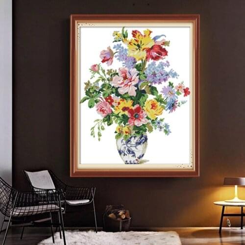 Flowers blooming Floral Style Cross Stitch set Canvas Fabric 14CT DMC Embroidery Needlework Printing pattern Cross-stitch Kit