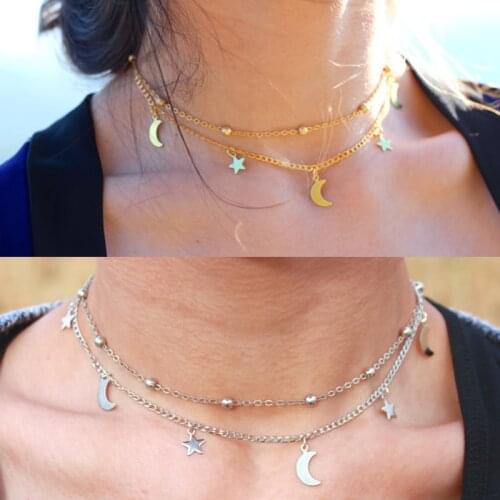 Two layers Gold Chain Women Necklaces Hot Sale Fashion Women With Star Moon Tassel Necklace Jewelry Brand Design Collier Femme