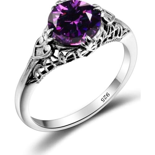 Luxury Silver Rings For Women Amethyst Ring Gemstones Real 925 Sterling Silver Round Undefined Vintage Silver 925 Jewelry