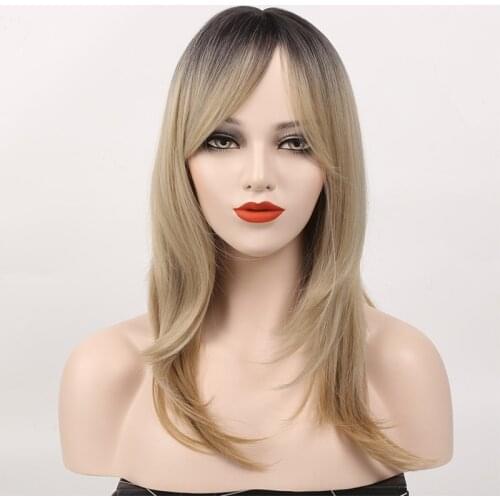 LANLAN Synthetic Wigs Long Straight Layered Hairstyle Ombre Black Brown Gray Wigs with Bangs for White Women