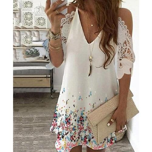 Summer New Fashion Ladies Mini Dress Floral Printed V Neck Women Off Shoulder Hollow Out Patchwork Short Dress for Party