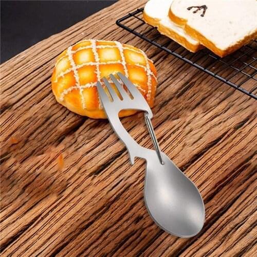 Multifunctional Camping Tableware Multi-Tool Titanium Construction Spork Multi-Function Spoon Fork Carabiner Bottle Opener Outdo
