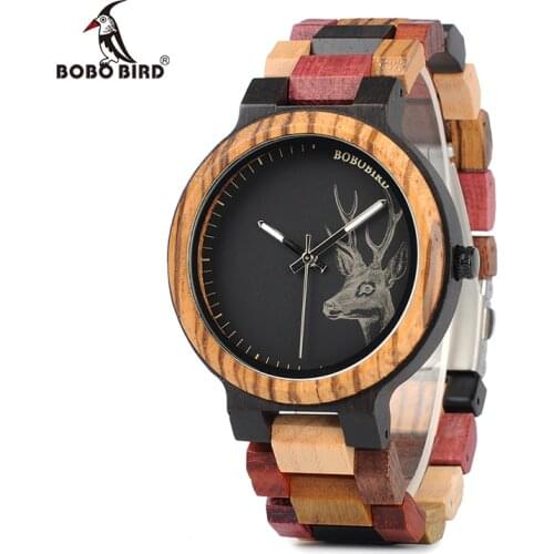 BOBO BIRD Top Brand Watches Men V-P14-2 Unique Quartz Wristwatch Colorful Wood Band With Deer Head Face Display
