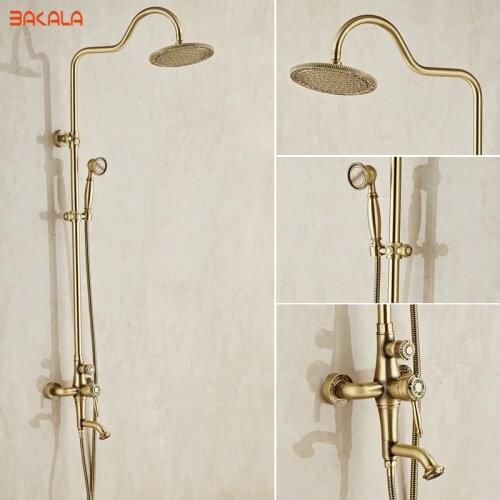 Modern 3-model Bathroom Surface Mount Brass Rainfall Shower Faucet Set Antique Brass with Handshower + Tub Spout