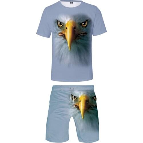 New 3D animal T-shirt + beach shorts male / female hip hop summer casual 3D eagle print boy / girl two-piece fashion cool