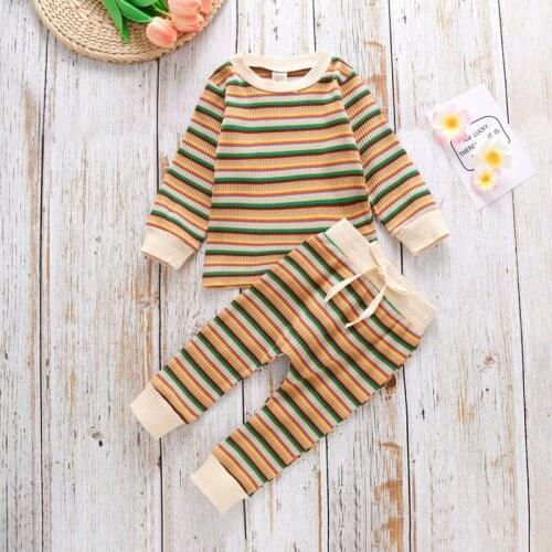 Autumn Two-piece Cotton Suit New Product Knitting Pit Strip Color Stripe Long-sleeved InfantTrousers Set