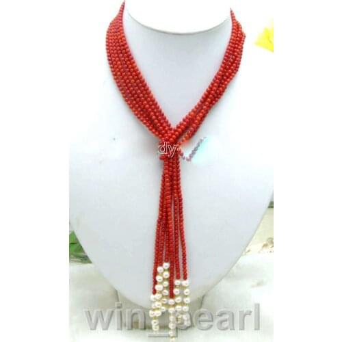 4mm White round natural Coral 3 strands Long 45" Necklace-neck