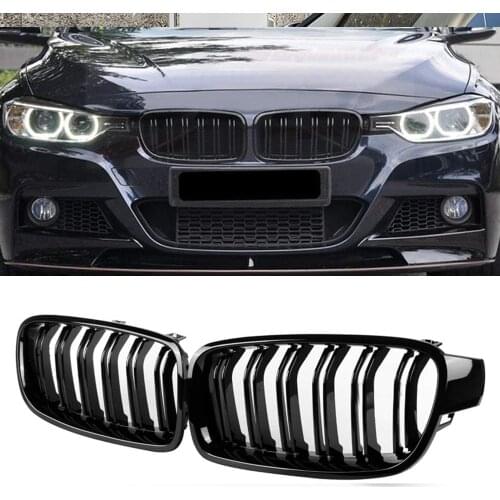 Pair Front Kidney Grille Dual Slat Grill For BMW 3 Series F30 F35 F31 320i 328i 330i 340i 2013-2018 2014 2015 2016 Gloss Black