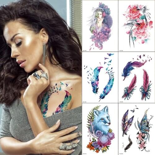 Feather Birds Temporary Tattoos Waterproof Women Tattoo Sticker Fashion Fake Body Art Girl Tatoo 6pcs/set Big Watercolor Lot