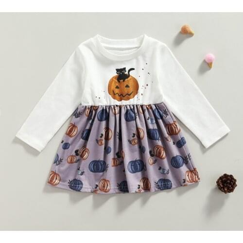 FOCUSNORM 0-4Y Autumn Baby Girls Halloween Causal Dress Pumpkin Printed Long Sleeve Knee Length A-Line Dress