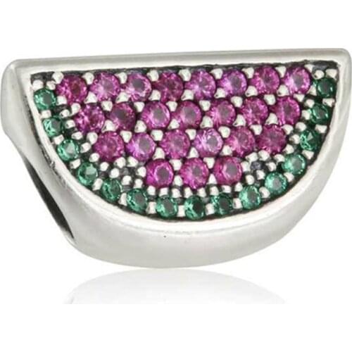 Fits Pandora Bracelet Diy Pave Watermelon Charms 925-Sterling-Silver Red & Green CZ Fruit Beads For Jewelry Making Summer