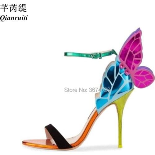 Qianruiti Butterfly Wings Sandal Bridal Shoes s Ankle Wrap High Heels Women Peep Toe patchwork Pumps Wedding Heels Women