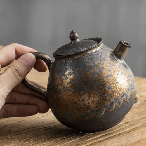 Handmade retro rust gold enamel teapot single pot of coarse pottery kung fu ceramic tea set gift teapot tea kettle