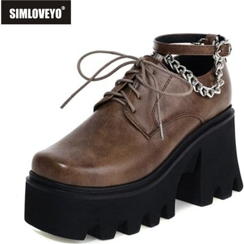 SIMLOVEYO 2021 Pumps Chains High Thick Heel Sole Chunky 8cm Platform Ankle Buckle Strap Square Toe Lace Up Punk Size 35-44 A4156