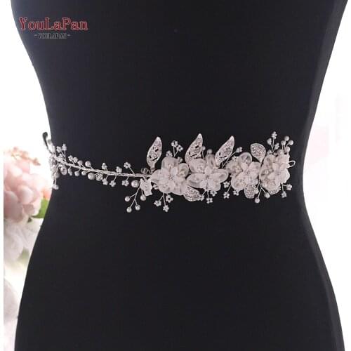 TOPQUEEN SH274 Banquet dress belt Wedding belt floral crystal sash skinny sliver diamond belt with rhinestones bridal belt