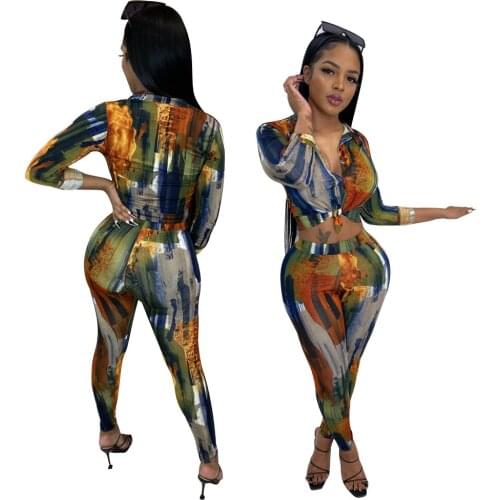 Tie Dye Two Pieces Set Casual Turn Down Collar Shirt With Button + Skinny Long Pants Autumn And Winter Tracksuit Women Outfits