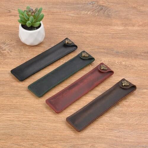 Vintage Leather Single Pen Case Holder Handmade Fountain Pen Pouch with Snap Button Protective Sleeve Cover for Ballpoint Pen