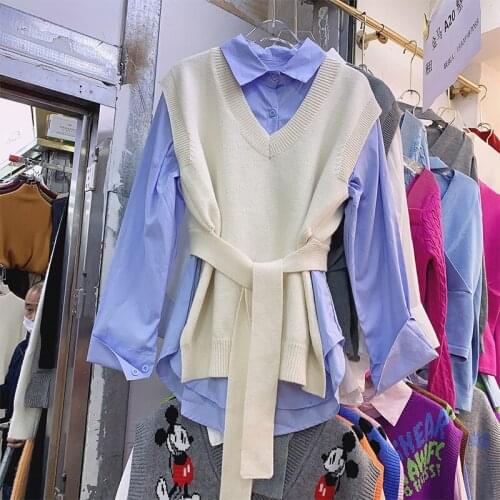 Bandage Knit Vest + Long Sleeve Lapel Loose Shirt Female 2021 Spring Clothes Two-Piece Top Set clothes for women