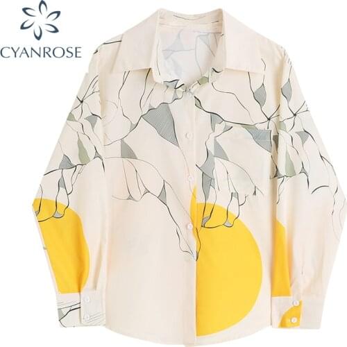 Autumn New Fashion Womens Shirt Turn-down Collar Long Sleeve Button Vintage Printed Blouse 2021 Streetwear Casual Female Tops