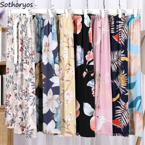 Sleep Bottoms Women Floral Paint Printed Elegant Wide Leg Drawstring Females Home Wear Long Trousers Summer Breathable Cotton