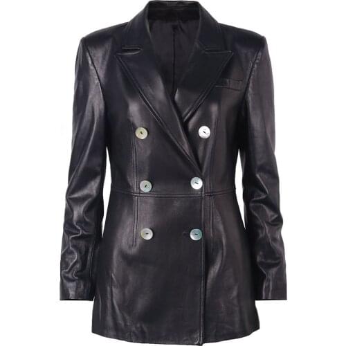 YOLOAgain Women Double Breasted Real Leather Blazer Ladies Genuine Leather Jacket Long