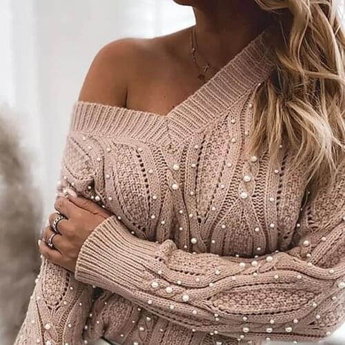 Autumn Winter 2021 Pearl Loose Sweater Women Knitted Jumper Pullovers korean fashion Long Sleeve V Neck Pull Femme Oversized