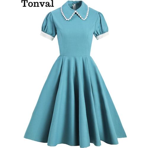 Tonval Turquoise Peter Pan Collar 1950s Vintage Robe Midi Swing Dress Short Sleeve Women Pocket Side Solid Elegant Dresses